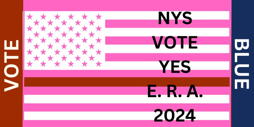 pink American flag with red line and text N.Y.s.vote yes E.R.A.2024