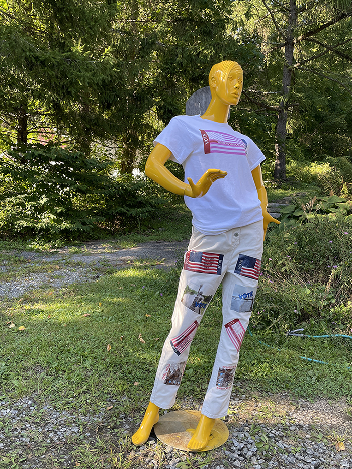 Lefty finished with white tee shirt decorated with pink vote blue flag and painds with similar iron ons